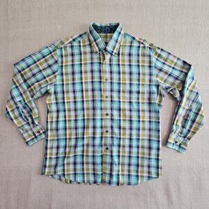 Alan Flusser Plaid Shirt Men's Large Cotton Long Sleeve Quiet Luxury Blue Green‎